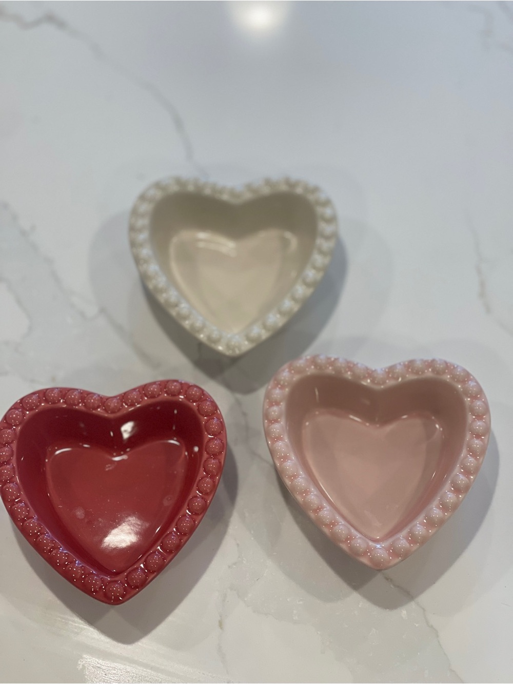 Williams Sonoma Beaded Heart Ramekin Trio in Red, Pink, Cream